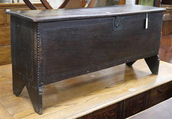 A 17th/18th century six plank oak coffer W.107cm